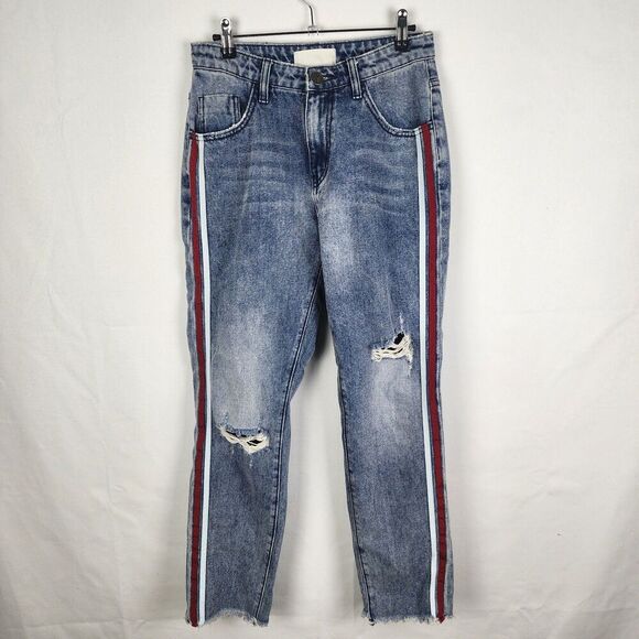 ONE x ONE TEASPOON Tuxedo Red Stripe Hight Waist Distressed Womens 27 Jeans - Picture 2 of 7